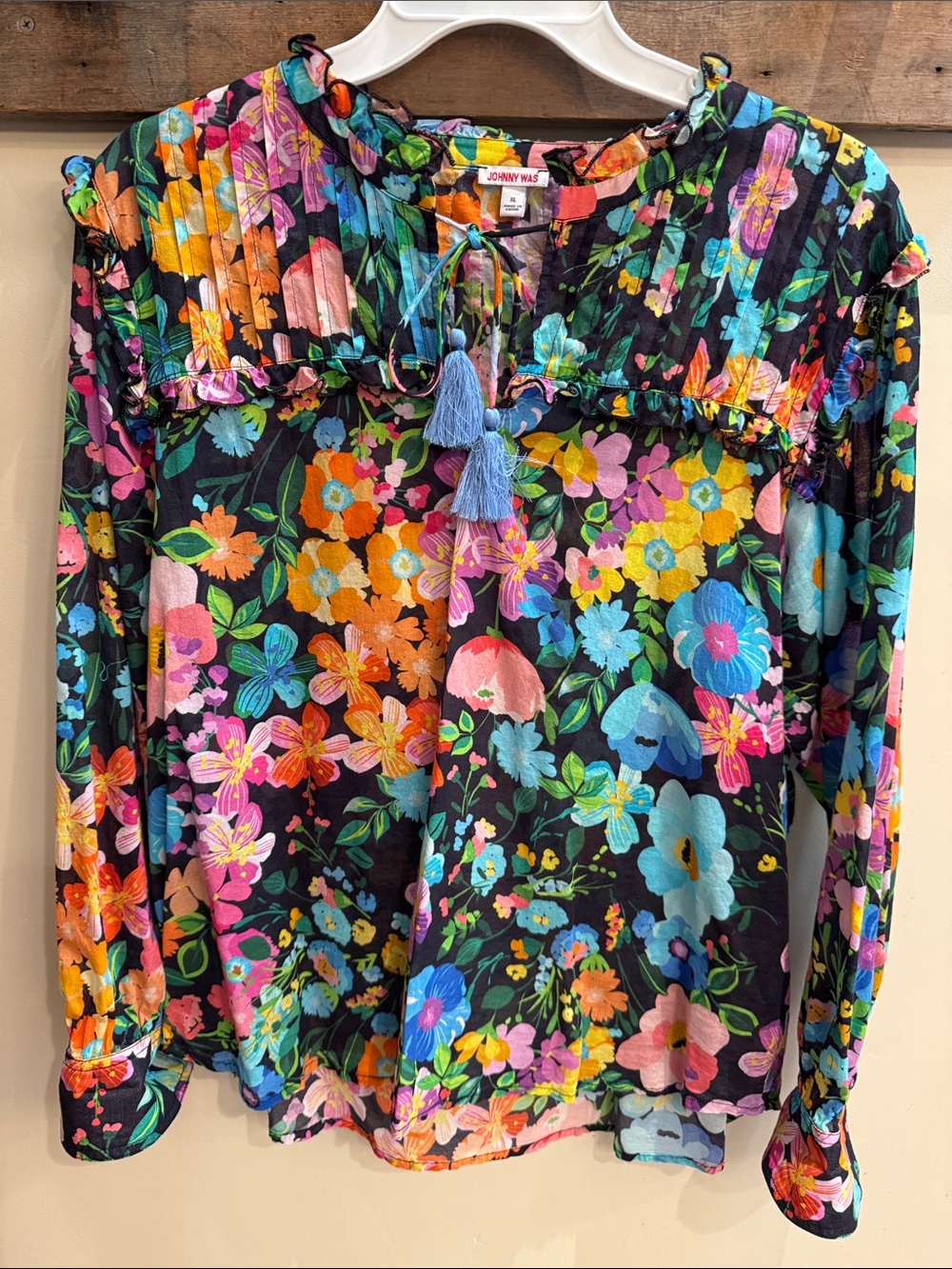 Johnny Was 100 Percent Cotton Black Multicolor Floral Ruffled Tassel Blouse